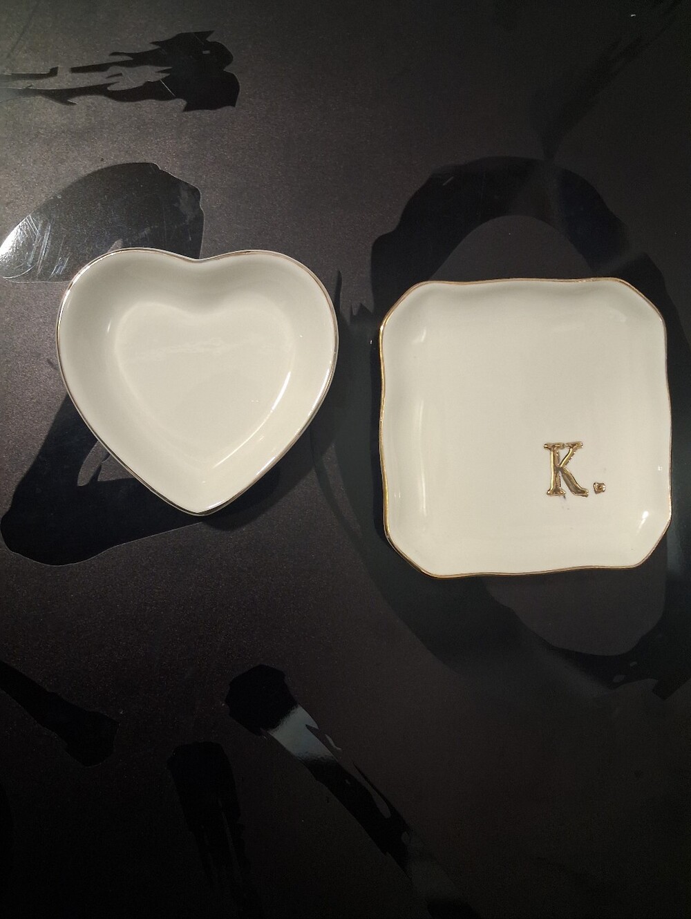 Monogram White Ceramic Trinket Dish Set with Gold Trim - K Accent